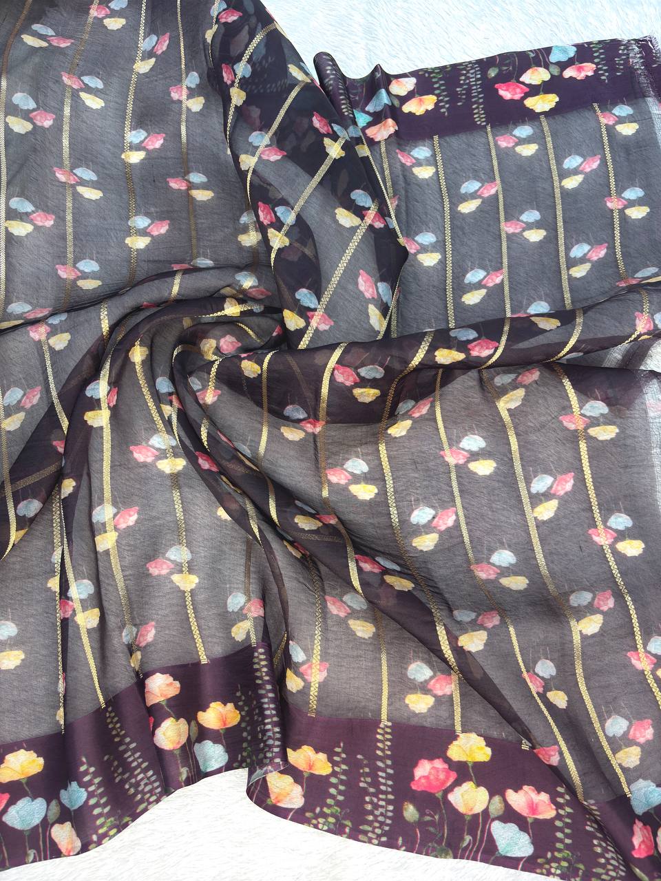Aubergine Nightfall Handloom Kora Organza Saree with Kadhua Floral Stripes & Pastel Digital Print