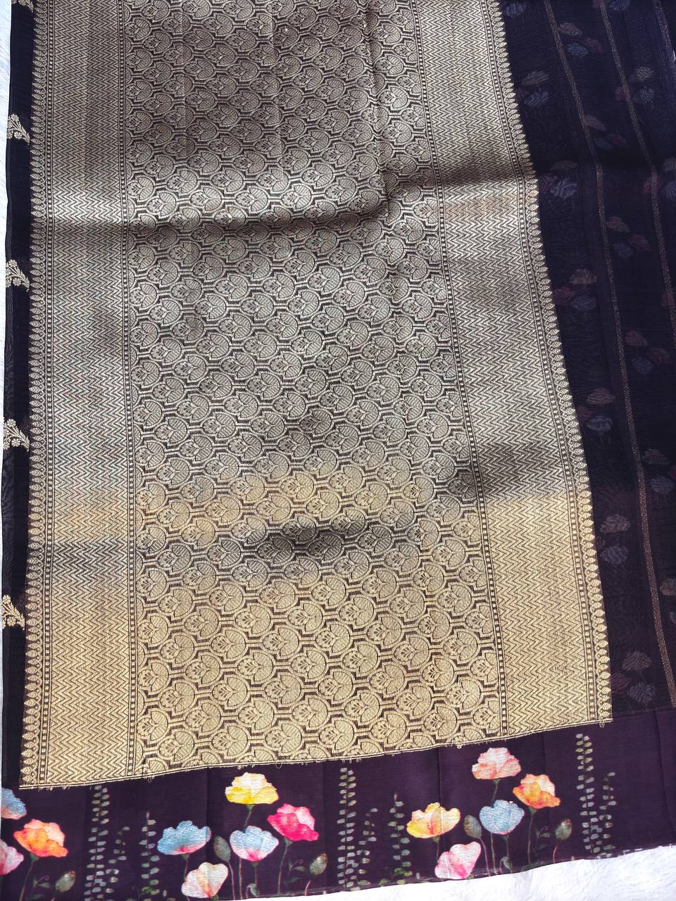 Aubergine Nightfall Handloom Kora Organza Saree with Kadhua Floral Stripes & Pastel Digital Print