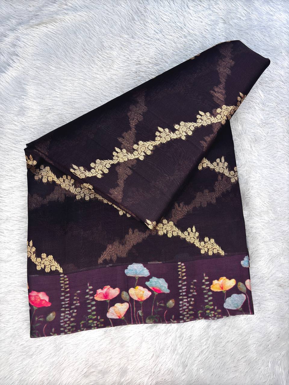 Aubergine Nightfall Handloom Kora Organza Saree with Kadhua Floral Stripes & Pastel Digital Print