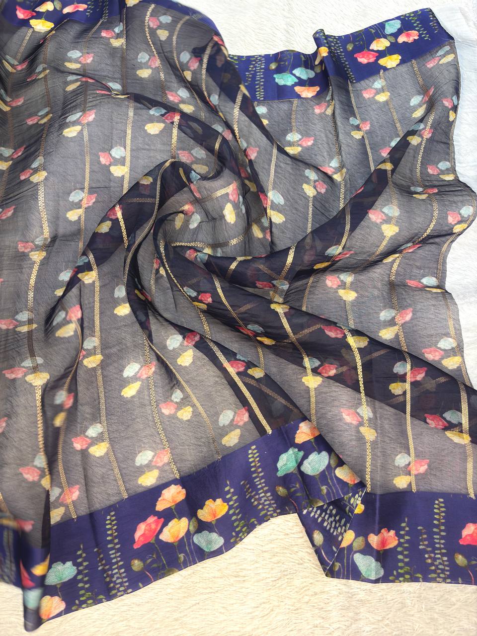 Royal Midnight Navy Handloom Kora Organza Saree with Kadhua Floral Stripes & Vibrant Digital Poppy Border
