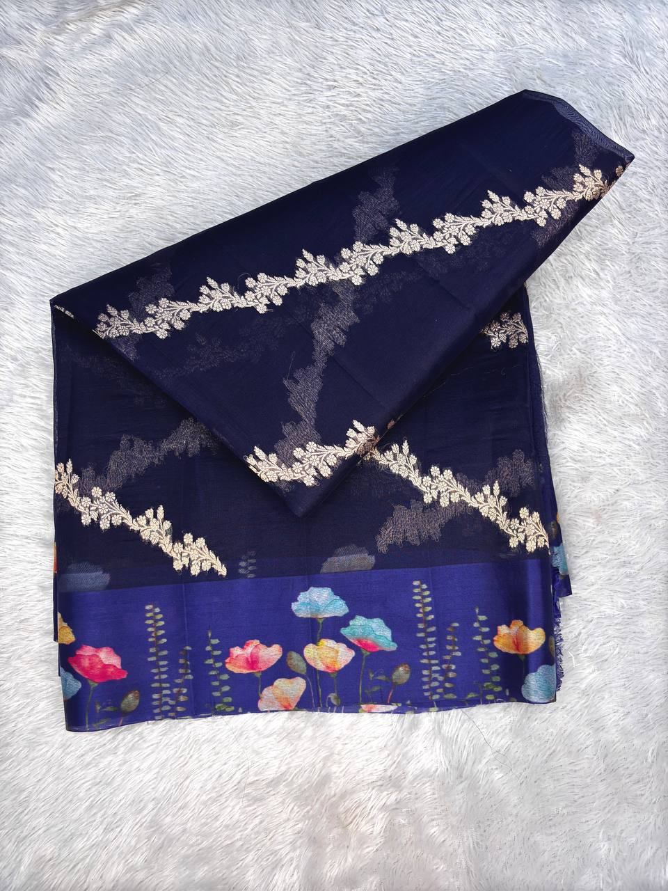 Royal Midnight Navy Handloom Kora Organza Saree with Kadhua Floral Stripes & Vibrant Digital Poppy Border
