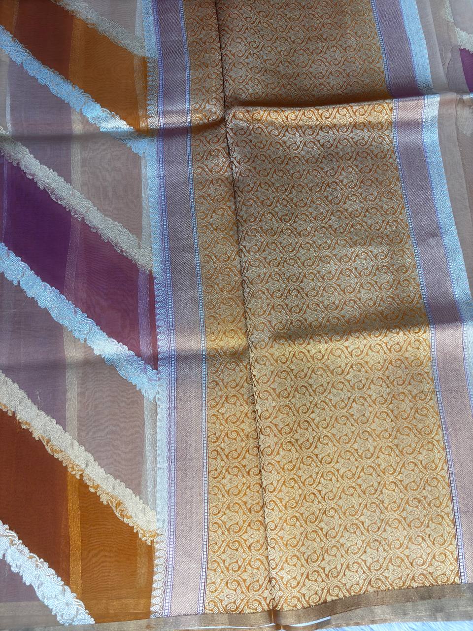 Sunset Hue Rungkat Banarasi Kora Organza Saree with Kadhua Silver and Gold Zari Bel