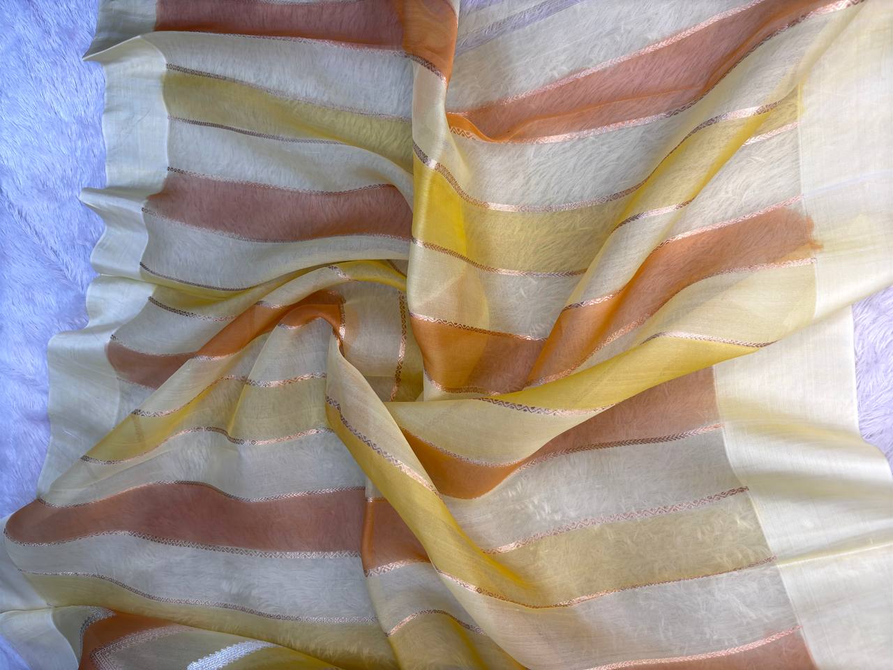 Mustard and Honey Rungkat Banarasi Kora Organza Saree with Zigzag Leheriya Kadhua Weave