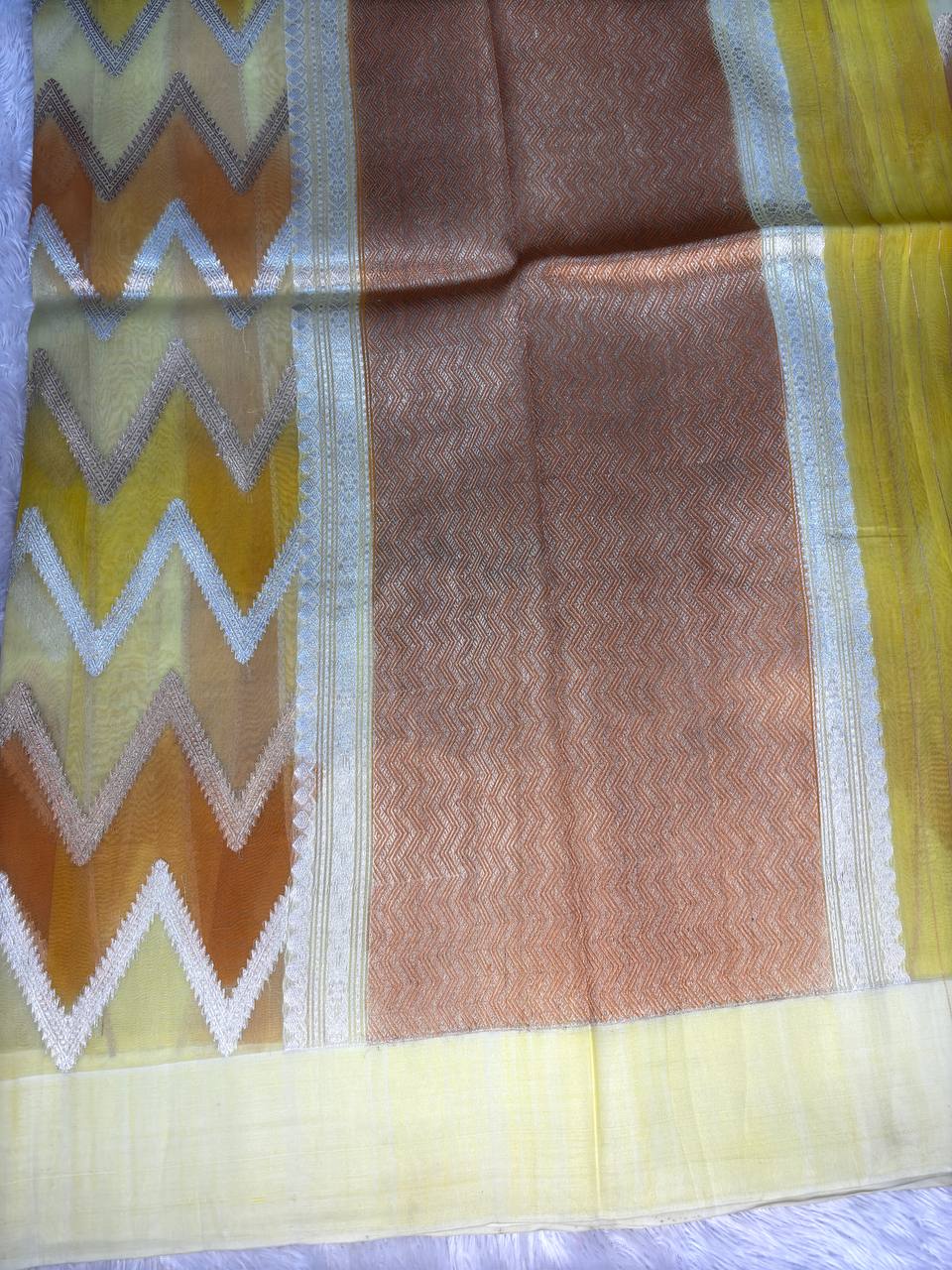 Mustard and Honey Rungkat Banarasi Kora Organza Saree with Zigzag Leheriya Kadhua Weave