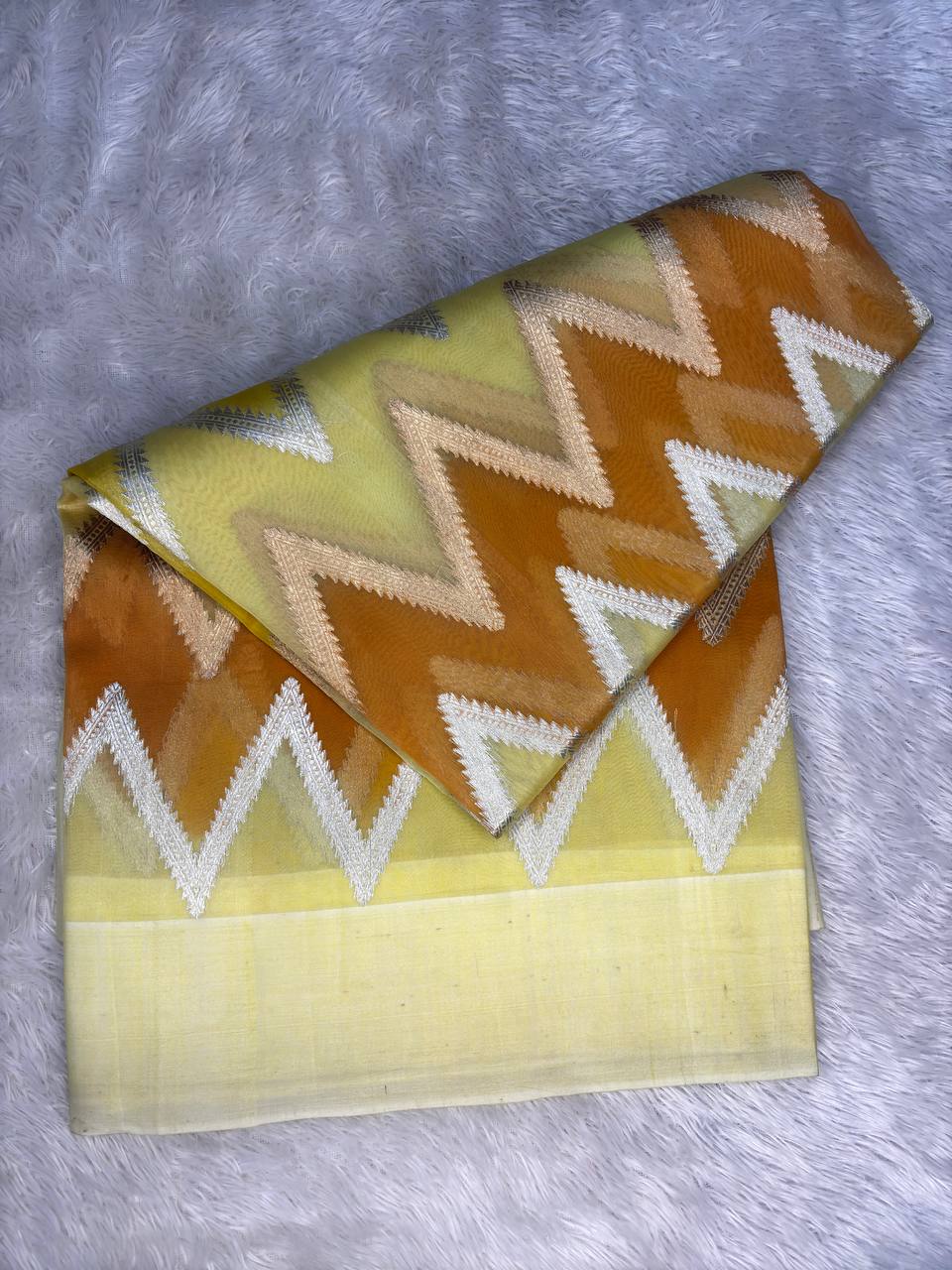 Mustard and Honey Rungkat Banarasi Kora Organza Saree with Zigzag Leheriya Kadhua Weave