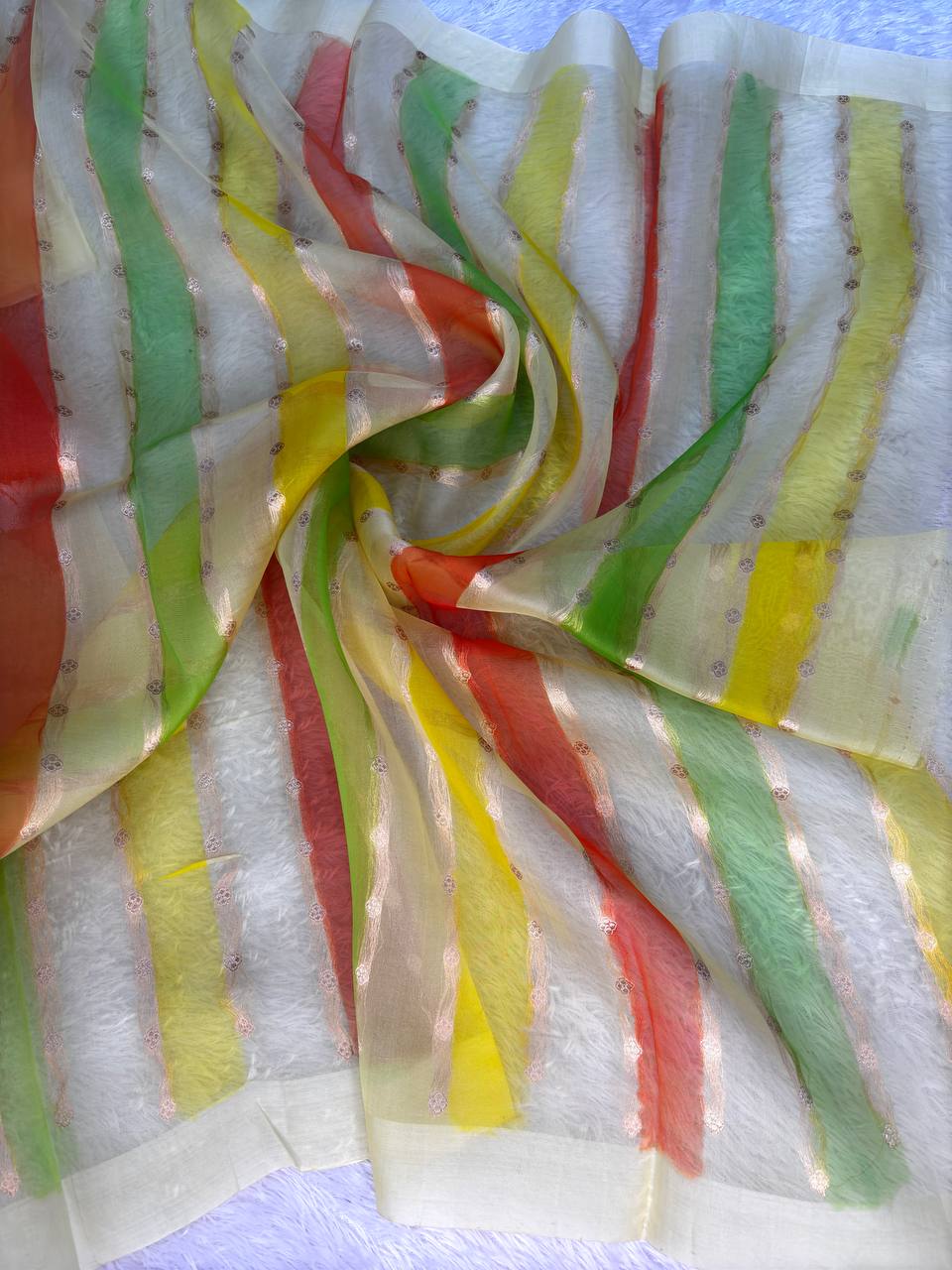 Citrus Burst Rungkat Banarasi Kora Organza Saree with Kadhua Silver and Gold Zari Scalloped Waves