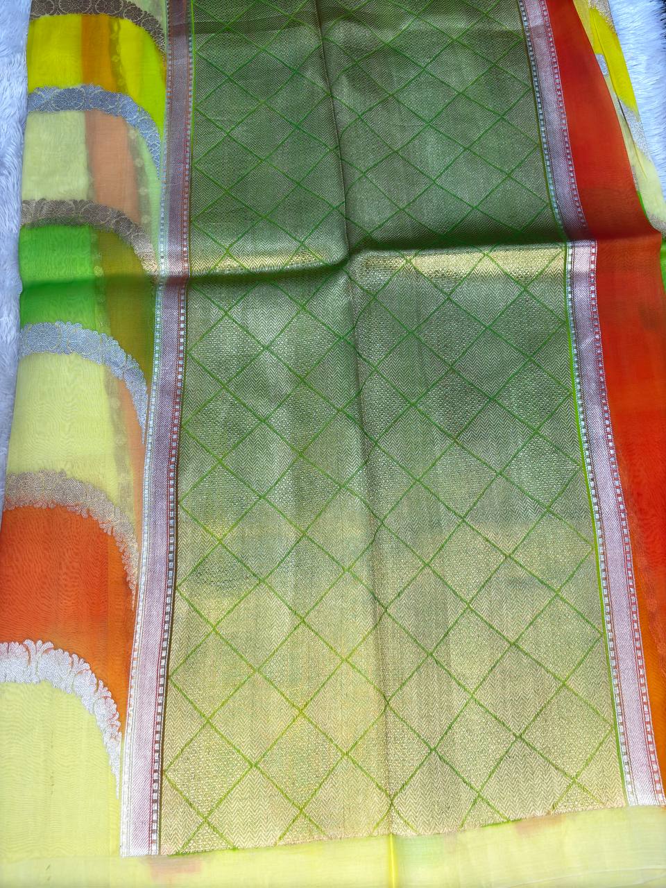 Citrus Burst Rungkat Banarasi Kora Organza Saree with Kadhua Silver and Gold Zari Scalloped Waves
