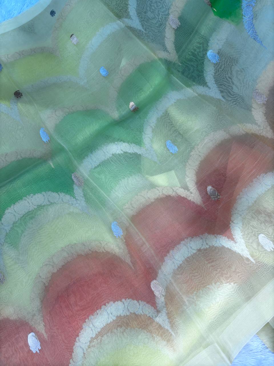 Citrus Burst Rungkat Banarasi Kora Organza Saree with Kadhua Silver and Gold Zari Scalloped Waves