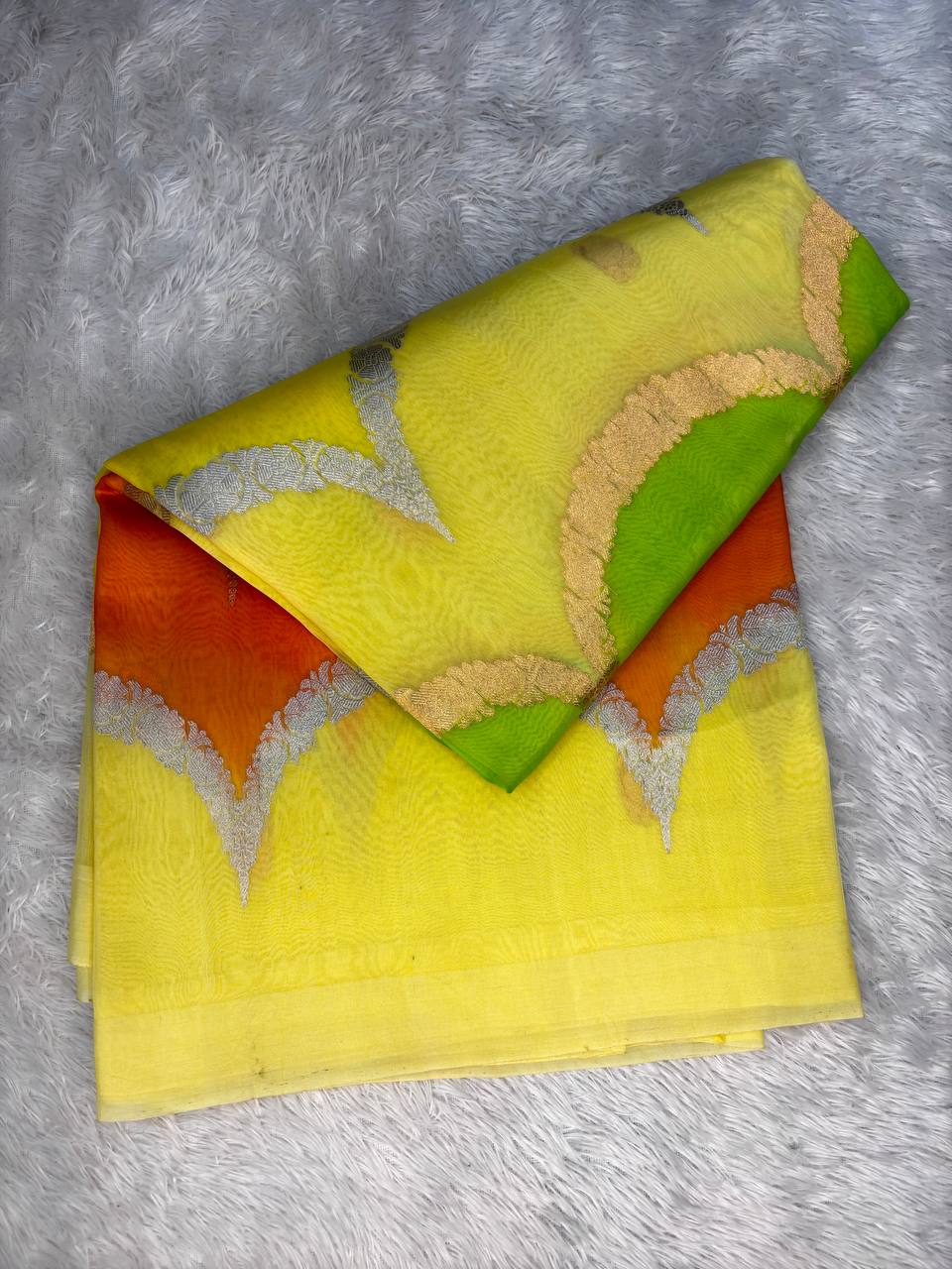 Citrus Burst Rungkat Banarasi Kora Organza Saree with Kadhua Silver and Gold Zari Scalloped Waves