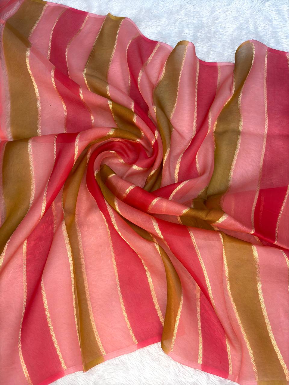 Crimson and Rust Rungkat Banarasi Kora Organza Saree with Kadhua Sona-Rupa Floral Bel