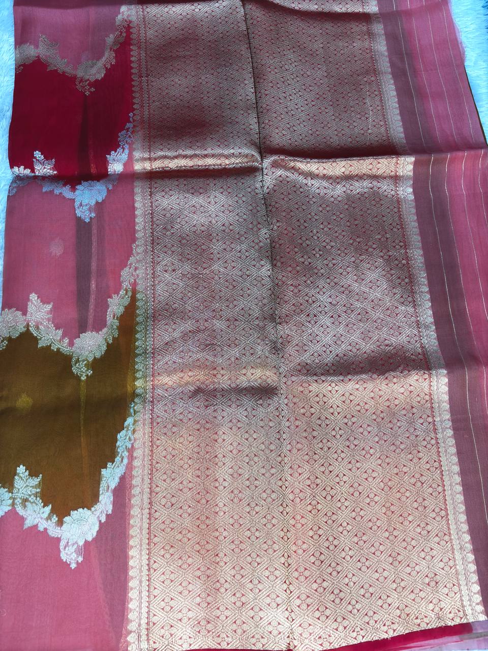 Crimson and Rust Rungkat Banarasi Kora Organza Saree with Kadhua Sona-Rupa Floral Bel