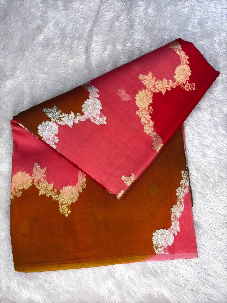 Crimson and Rust Rungkat Banarasi Kora Organza Saree with Kadhua Sona-Rupa Floral Bel