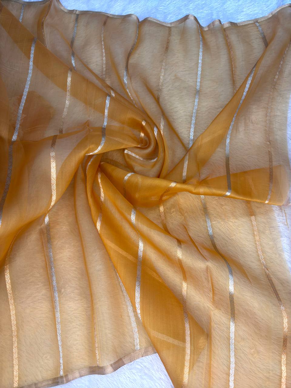 Amber and Sandalwood Rungkat Banarasi Kora Organza Saree with Handwoven Kadhua Silver and Gold Zari Bel