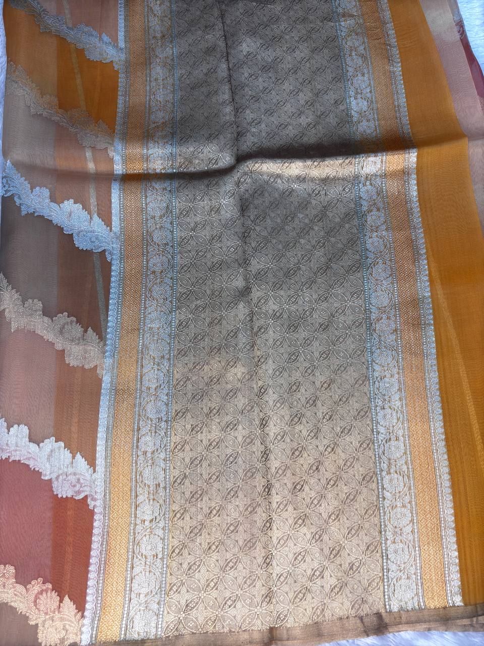 Amber and Sandalwood Rungkat Banarasi Kora Organza Saree with Handwoven Kadhua Silver and Gold Zari Bel