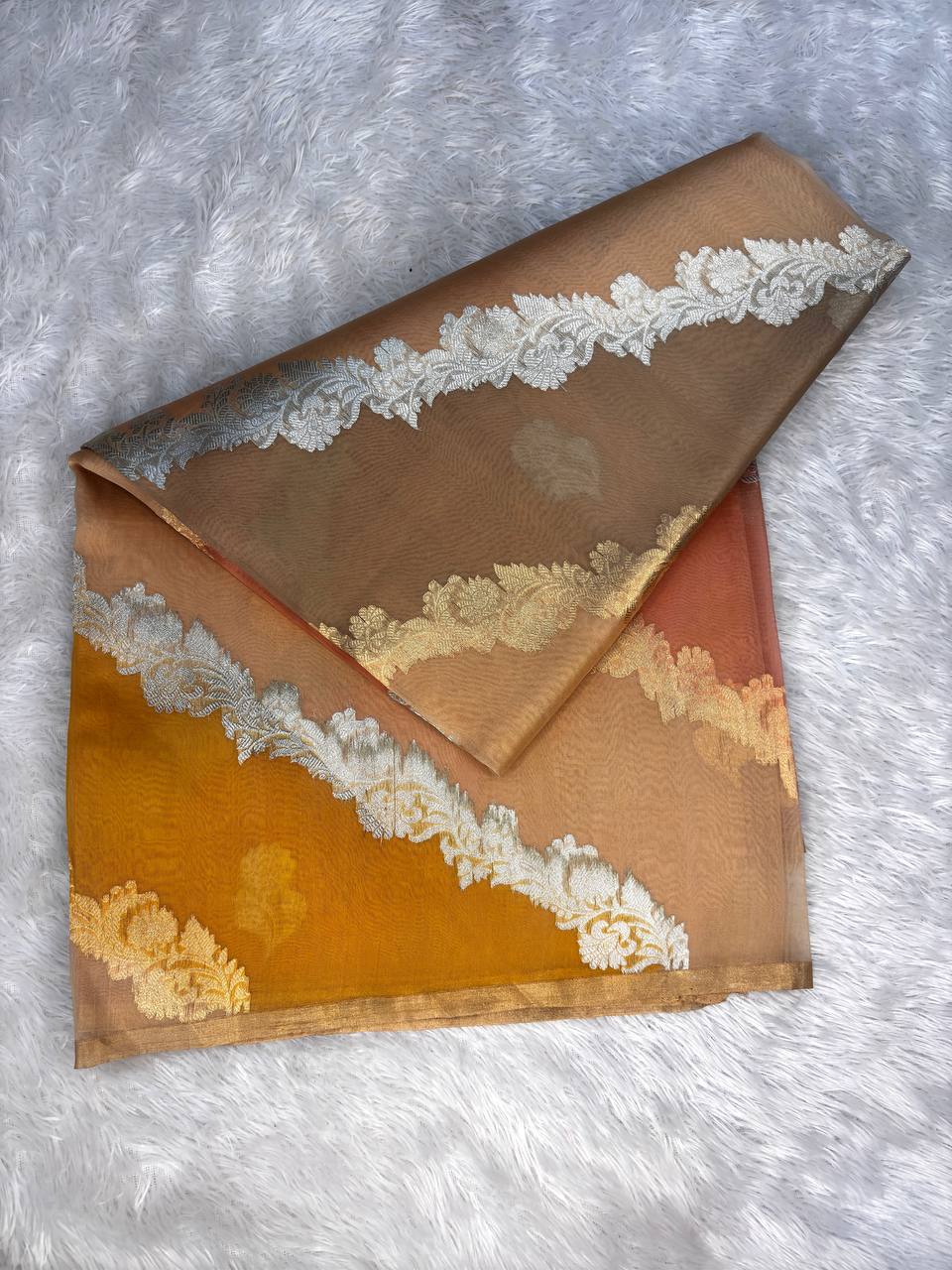 Amber and Sandalwood Rungkat Banarasi Kora Organza Saree with Handwoven Kadhua Silver and Gold Zari Bel