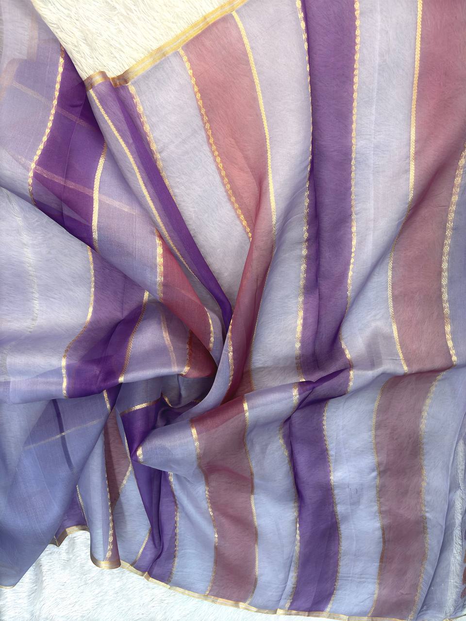 Lavender and Mauve Rungkat Banarasi Kora Organza Saree with Meenakari Kadhua Floral Waves