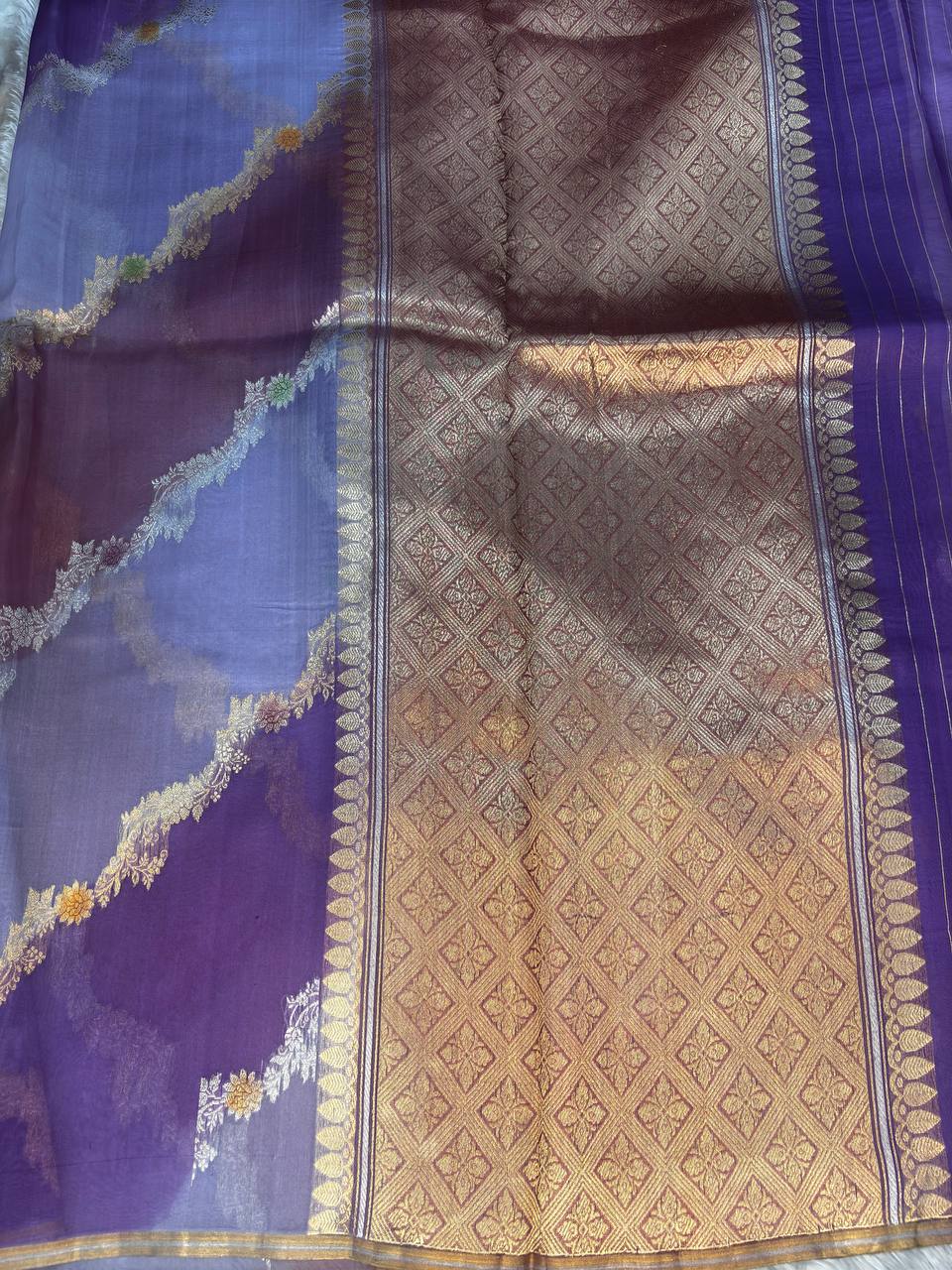 Lavender and Mauve Rungkat Banarasi Kora Organza Saree with Meenakari Kadhua Floral Waves