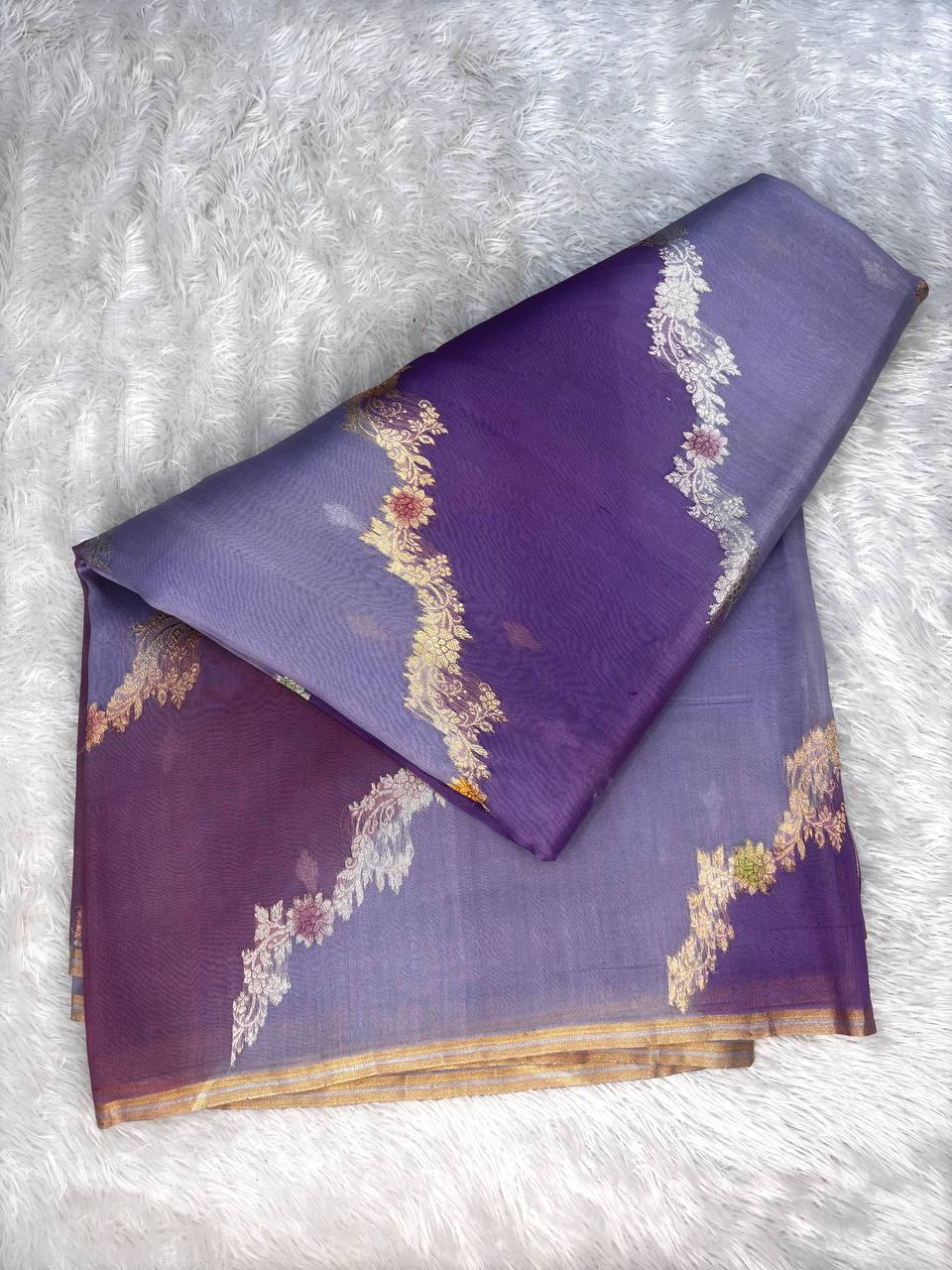 Lavender and Mauve Rungkat Banarasi Kora Organza Saree with Meenakari Kadhua Floral Waves
