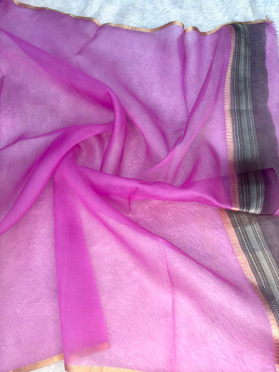 Royal Magenta and Orchid Rungkat Banarasi Kora Organza Saree with Kadhua Sona-Rupa Scalloped Vines