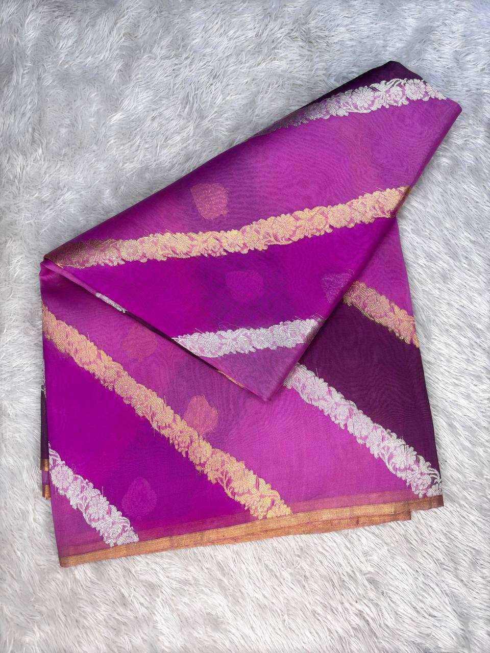 Royal Magenta and Orchid Rungkat Banarasi Kora Organza Saree with Kadhua Sona-Rupa Scalloped Vines