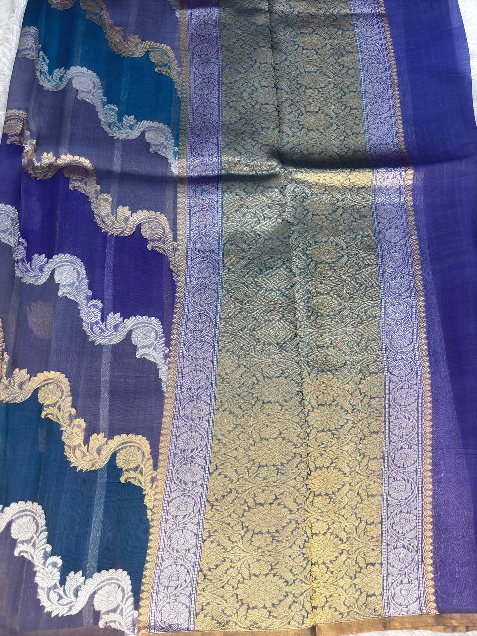 Indigo and Peacock Blue Rungkat Banarasi Kora Organza Saree with Kadhua Sona-Rupa Scalloped Meenakari Bel
