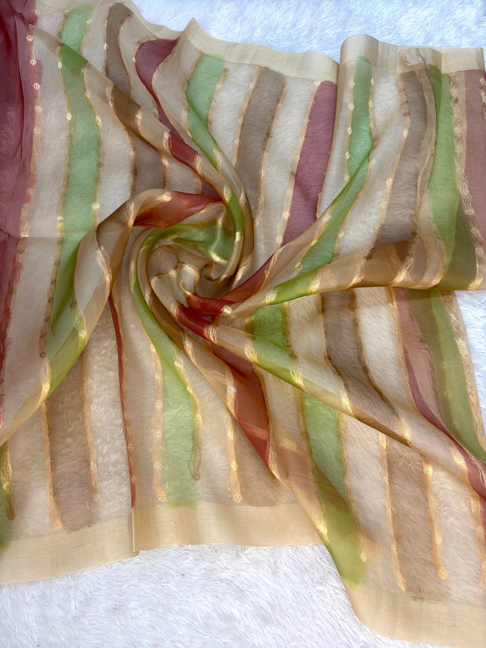 Ochre and Terracotta Rungkat Banarasi Kora Organza Saree with Kadhua Sona-Rupa Scalloped Borders