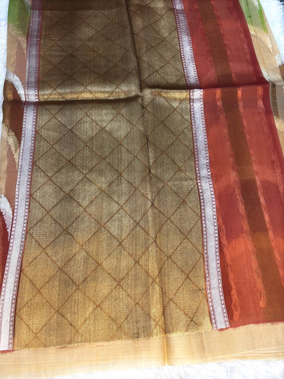 Ochre and Terracotta Rungkat Banarasi Kora Organza Saree with Kadhua Sona-Rupa Scalloped Borders