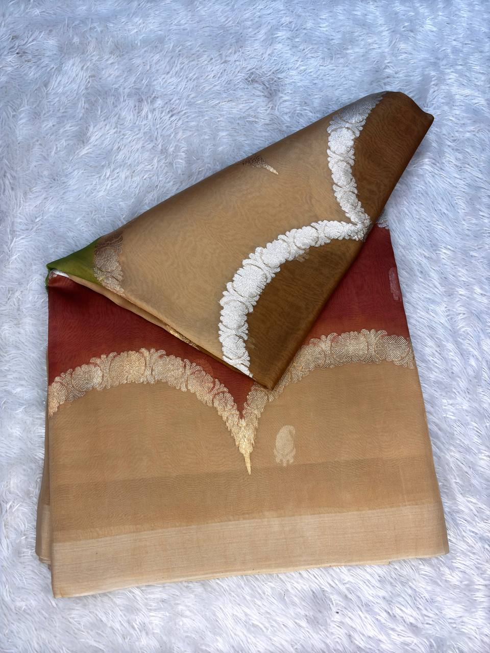 Ochre and Terracotta Rungkat Banarasi Kora Organza Saree with Kadhua Sona-Rupa Scalloped Borders