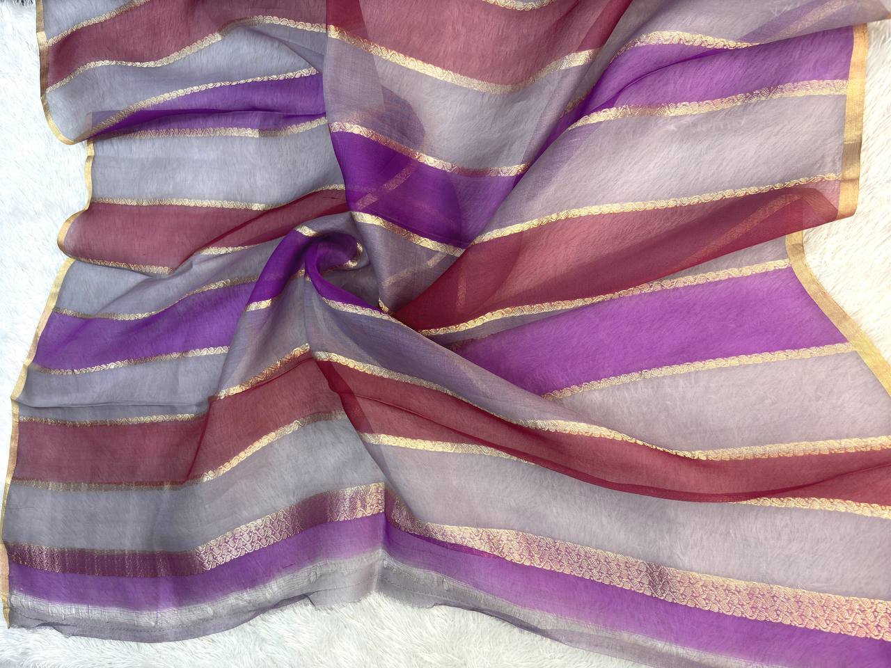 Royal Purple and Wine Rungkat Banarasi Kora Organza Saree with Kadhua Sona-Rupa Scalloped Floral Bel
