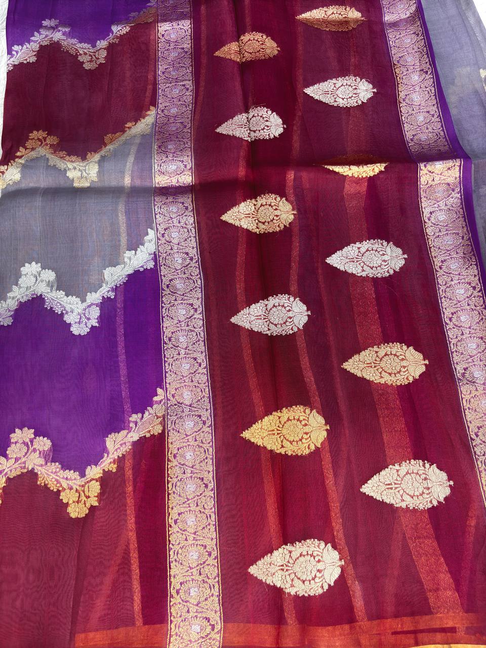 Royal Purple and Wine Rungkat Banarasi Kora Organza Saree with Kadhua Sona-Rupa Scalloped Floral Bel