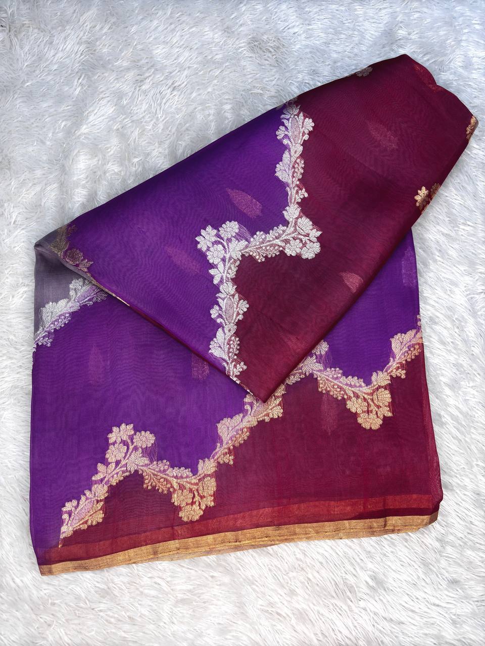 Royal Purple and Wine Rungkat Banarasi Kora Organza Saree with Kadhua Sona-Rupa Scalloped Floral Bel