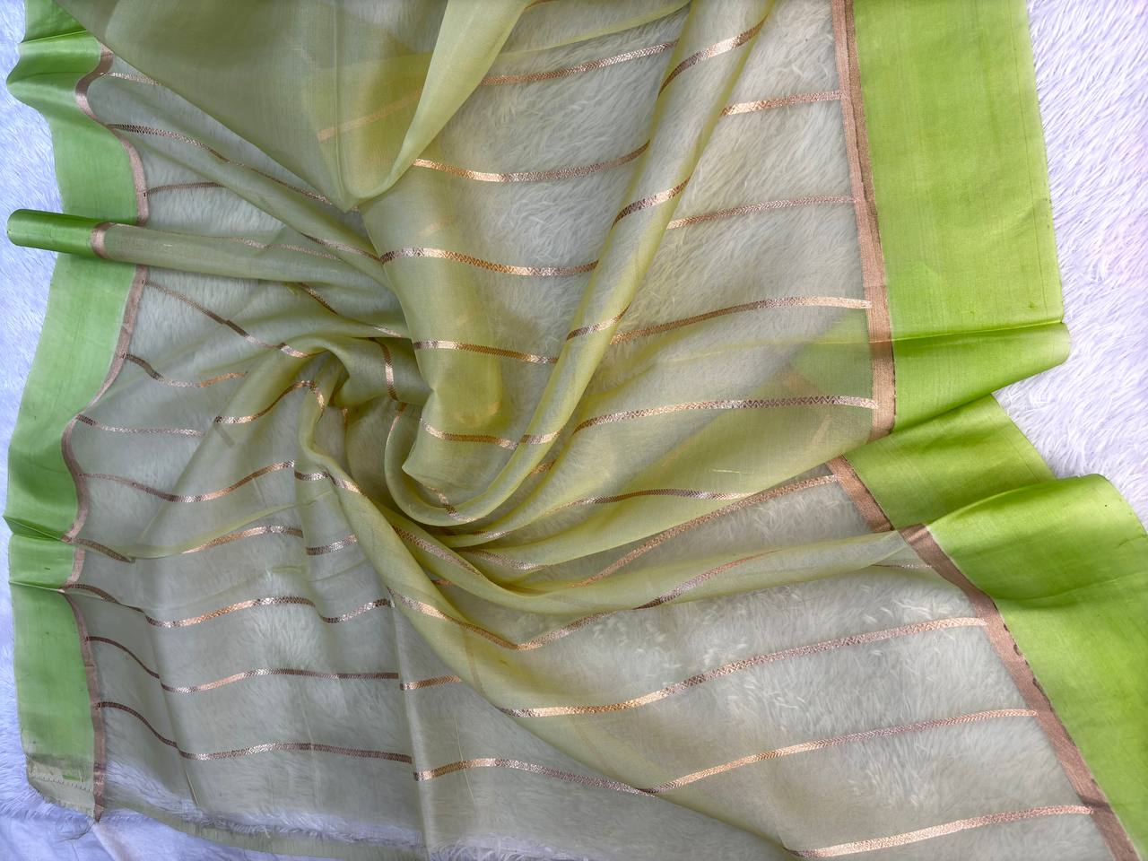 Spring Lime Banarasi Katan Silk Saree with Kadhua Silver Zari Scalloped Vines and Horizontal Stripes