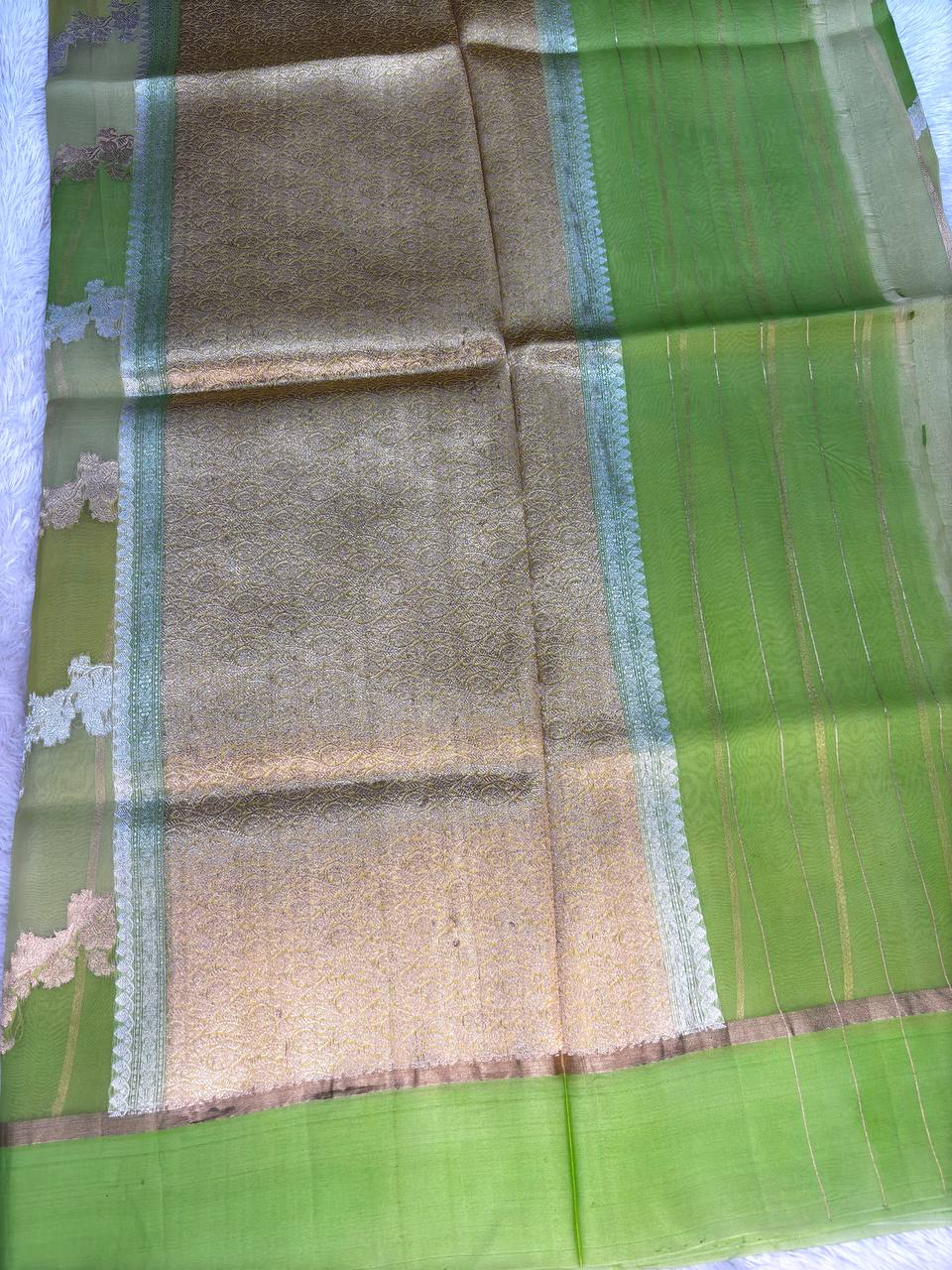Spring Lime Banarasi Katan Silk Saree with Kadhua Silver Zari Scalloped Vines and Horizontal Stripes