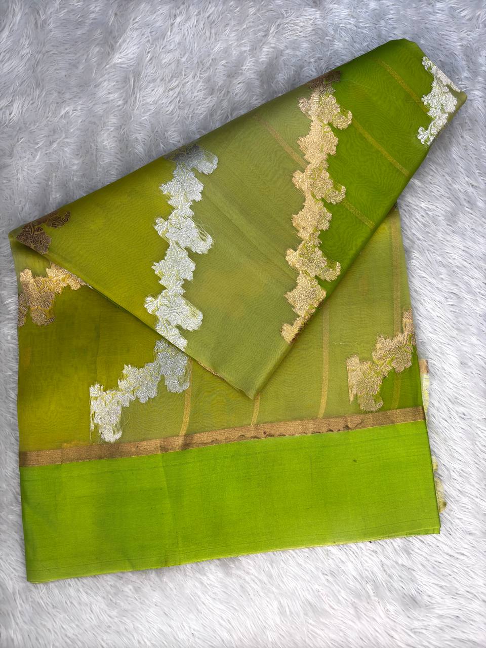 Spring Lime Banarasi Katan Silk Saree with Kadhua Silver Zari Scalloped Vines and Horizontal Stripes