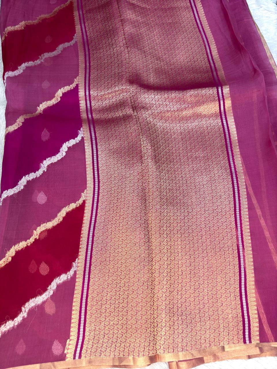 Magenta and Mulberry Rungkat Banarasi Katan Silk Saree with Kadhua Sona-Rupa Scalloped Vines