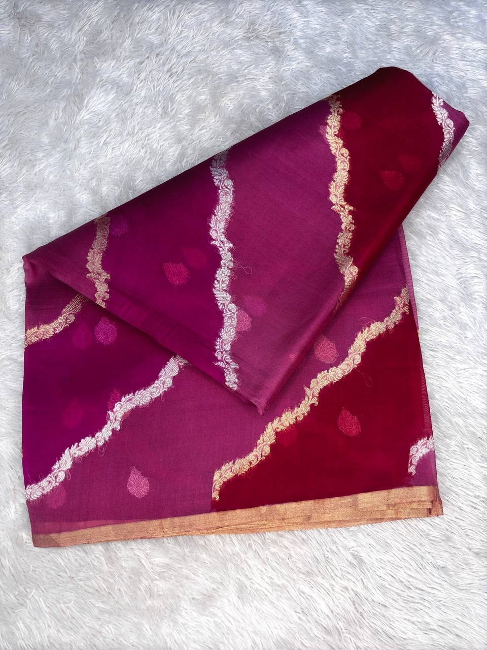 Magenta and Mulberry Rungkat Banarasi Katan Silk Saree with Kadhua Sona-Rupa Scalloped Vines