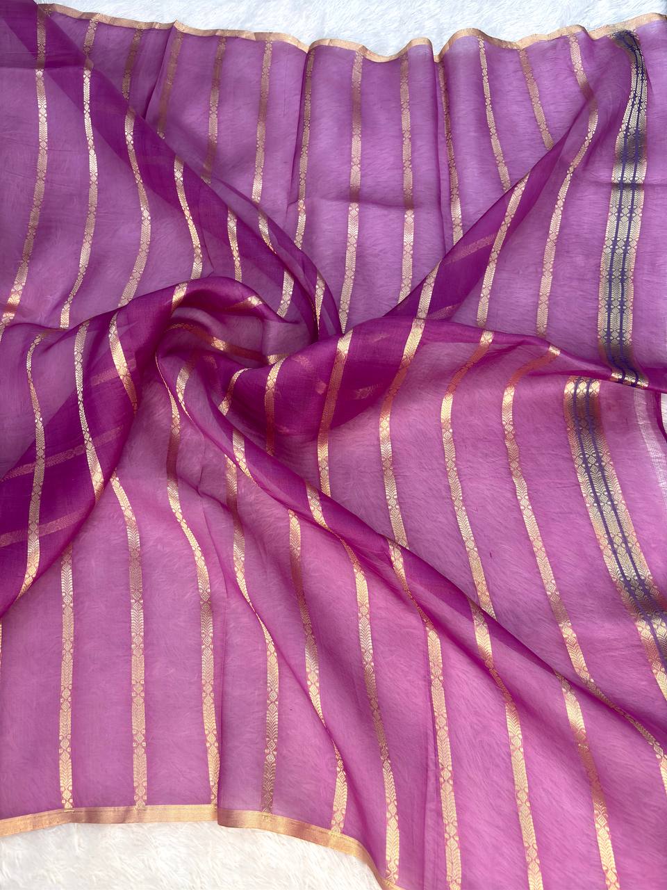 Grape and Orchid Rungkat Banarasi Katan Silk Saree with Kadhua Sona-Rupa Scalloped Meenakari Vines