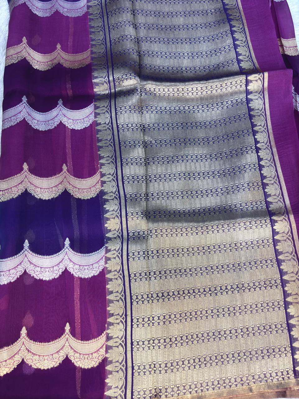 Grape and Orchid Rungkat Banarasi Katan Silk Saree with Kadhua Sona-Rupa Scalloped Meenakari Vines