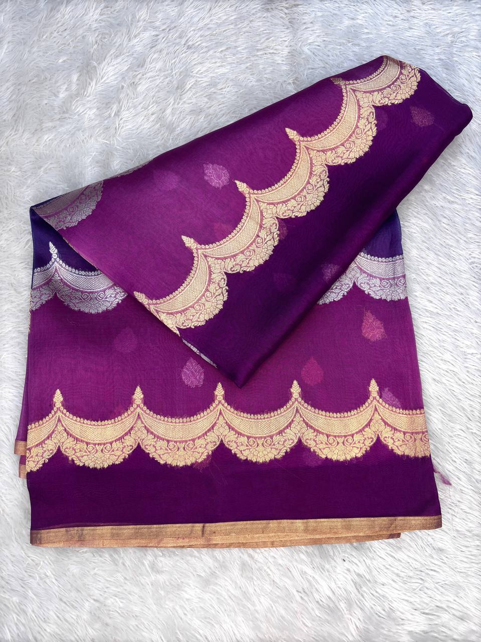 Grape and Orchid Rungkat Banarasi Katan Silk Saree with Kadhua Sona-Rupa Scalloped Meenakari Vines