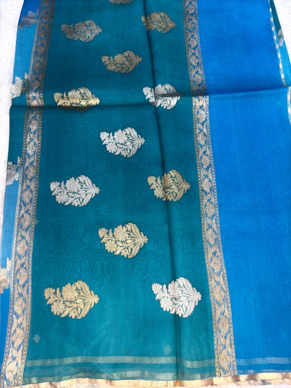 Azure and Teal Rungkat Banarasi Katan Silk Saree with Kadhua Sona-Rupa Scalloped Meenakari Bel
