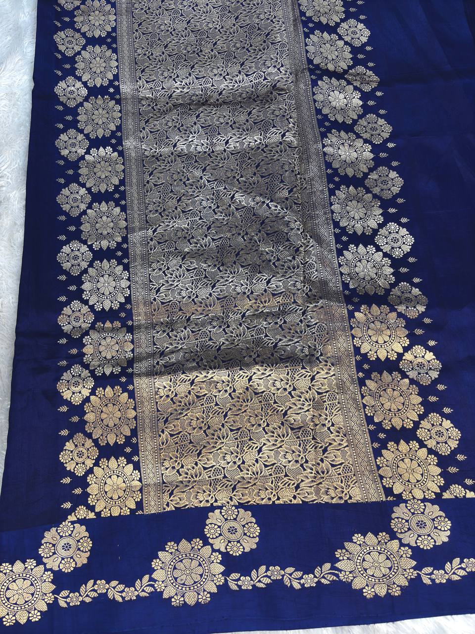 Royal Blue Handwoven Lightweight Katan Silk Saree with Gold Zari Floral Buti and Kadhua Meenakari Border