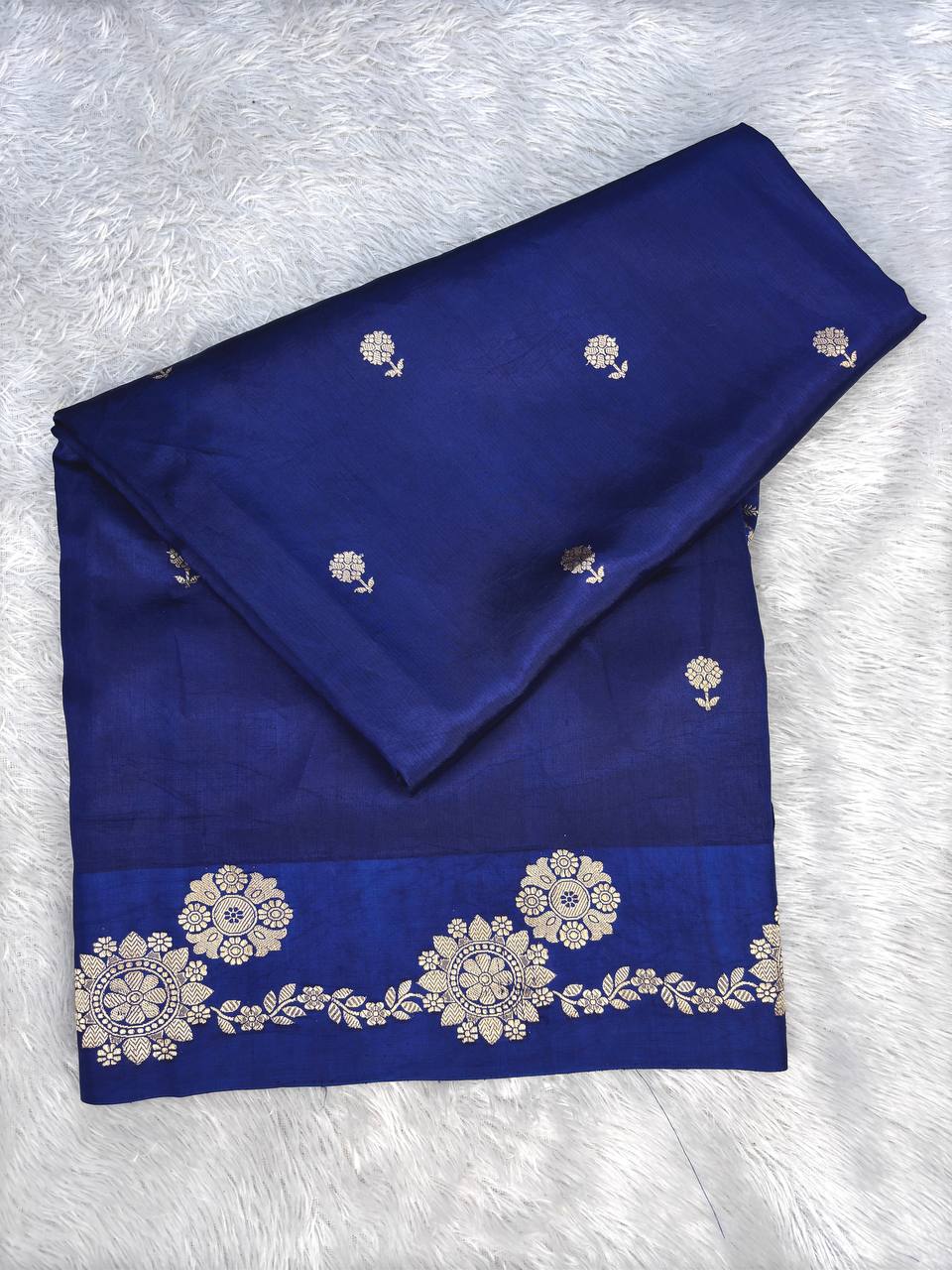 Royal Blue Handwoven Lightweight Katan Silk Saree with Gold Zari Floral Buti and Kadhua Meenakari Border