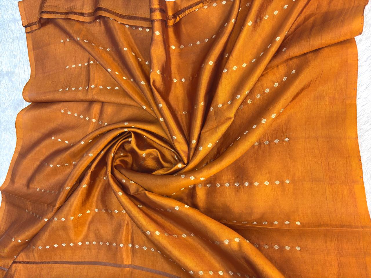 Rust Copper Handwoven Lightweight Katan Silk Saree with Sona-Rupa Buti and Meenakari Kadhua Border