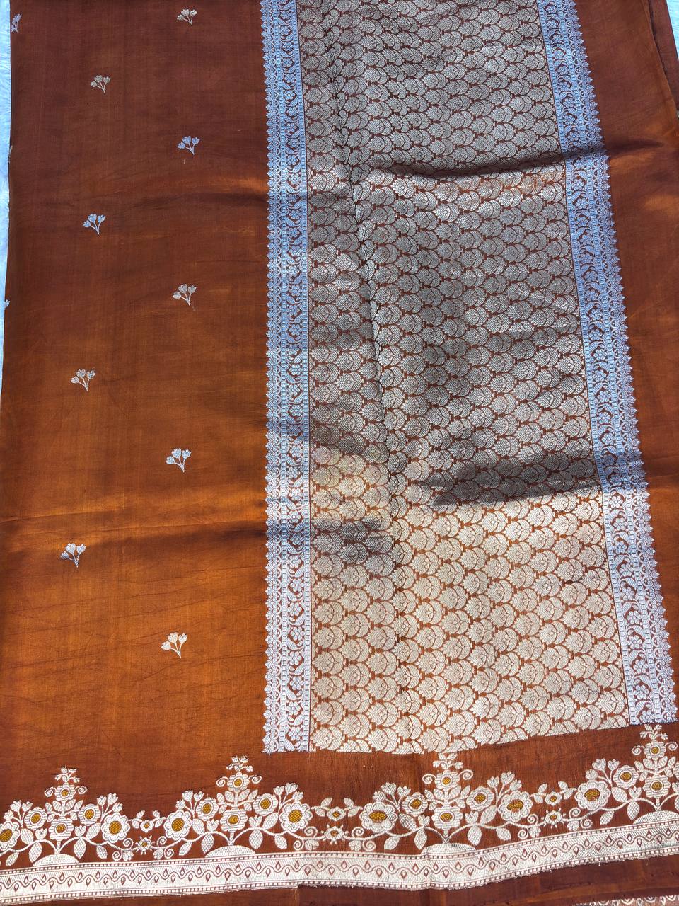 Rust Copper Handwoven Lightweight Katan Silk Saree with Sona-Rupa Buti and Meenakari Kadhua Border