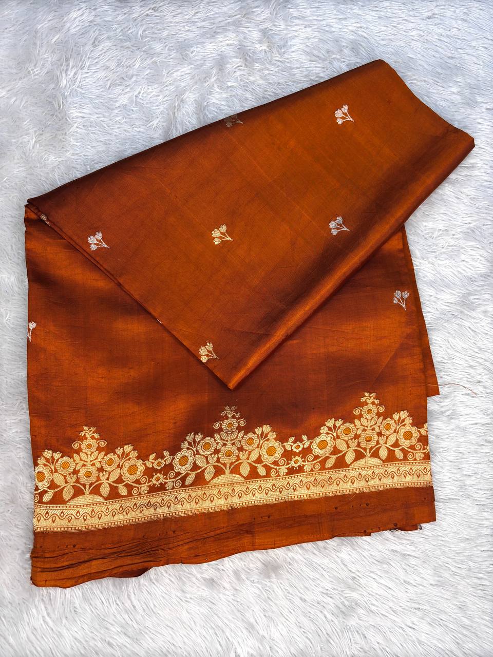 Rust Copper Handwoven Lightweight Katan Silk Saree with Sona-Rupa Buti and Meenakari Kadhua Border
