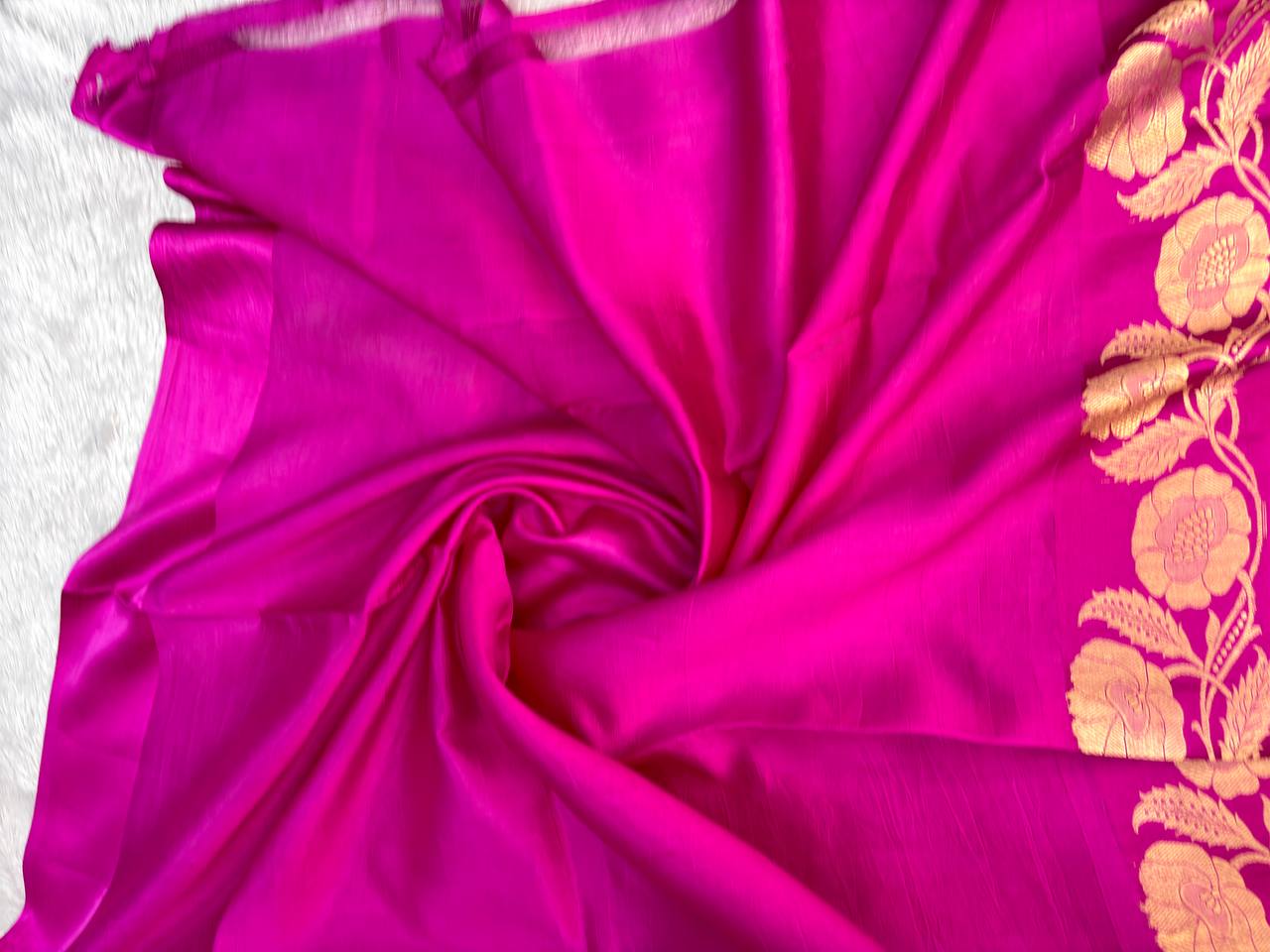 Peacock Blue and Magenta Contrast Banarasi Katan Silk Saree with Sona-Rupa Floral Buti and Kadhua Border