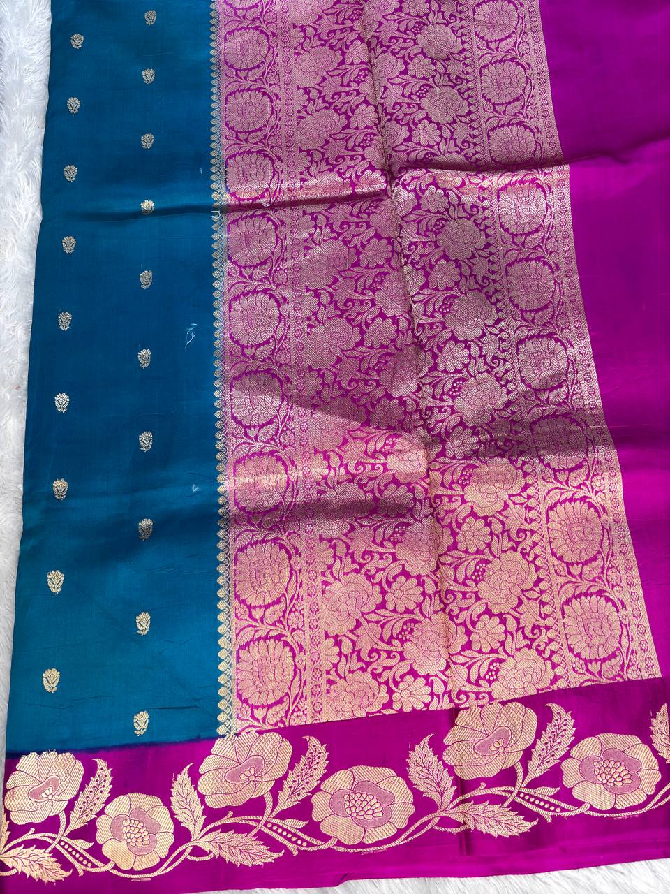 Peacock Blue and Magenta Contrast Banarasi Katan Silk Saree with Sona-Rupa Floral Buti and Kadhua Border