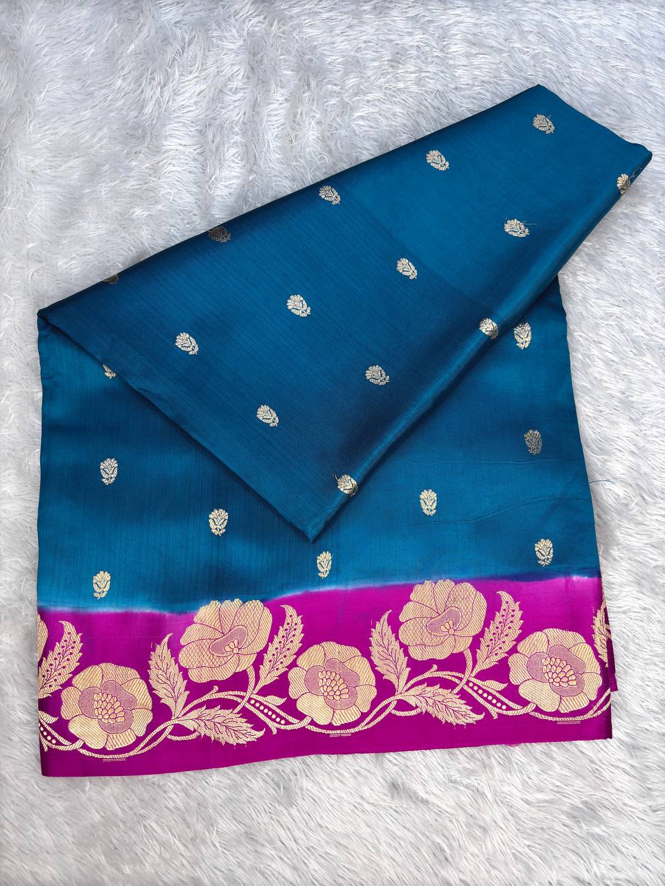 Peacock Blue and Magenta Contrast Banarasi Katan Silk Saree with Sona-Rupa Floral Buti and Kadhua Border