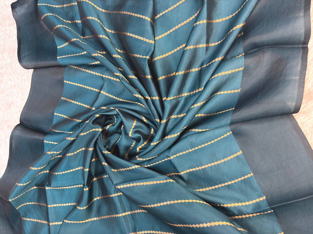 Teal Peacock Handwoven Lightweight Katan Silk Saree with Sona-Rupa Buti and Kadhua Guldasta Border