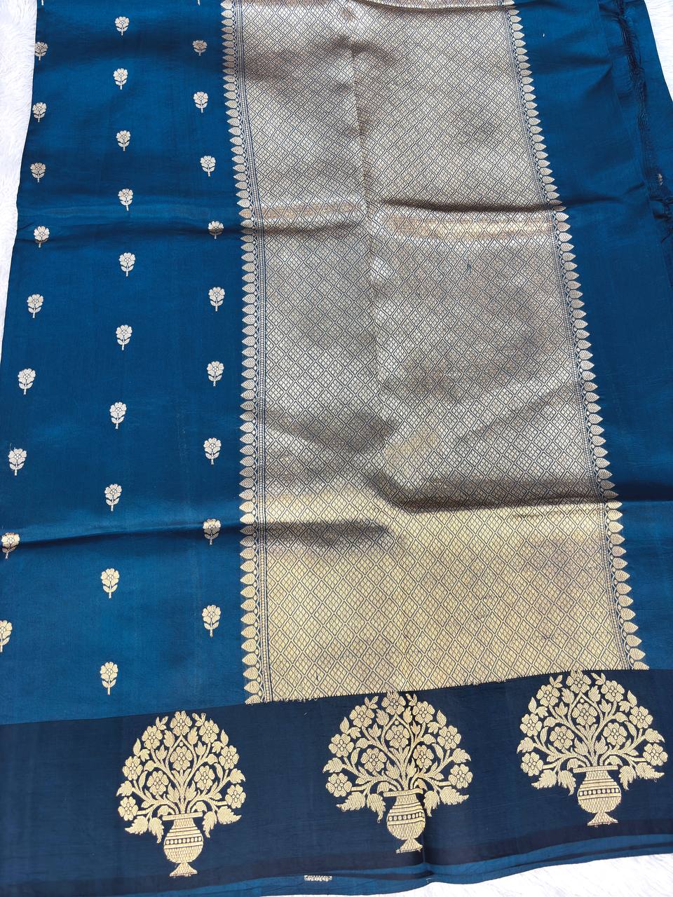 Teal Peacock Handwoven Lightweight Katan Silk Saree with Sona-Rupa Buti and Kadhua Guldasta Border